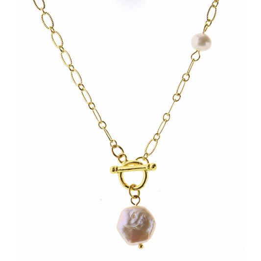 18" Pearl Hexagon with Toggle on Gold Chain with Faceted Pearl Necklace