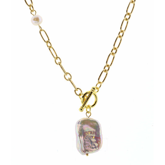 18" Pearl Rectangle with Toggle on Gold Chain with Faceted Pearl Necklace
