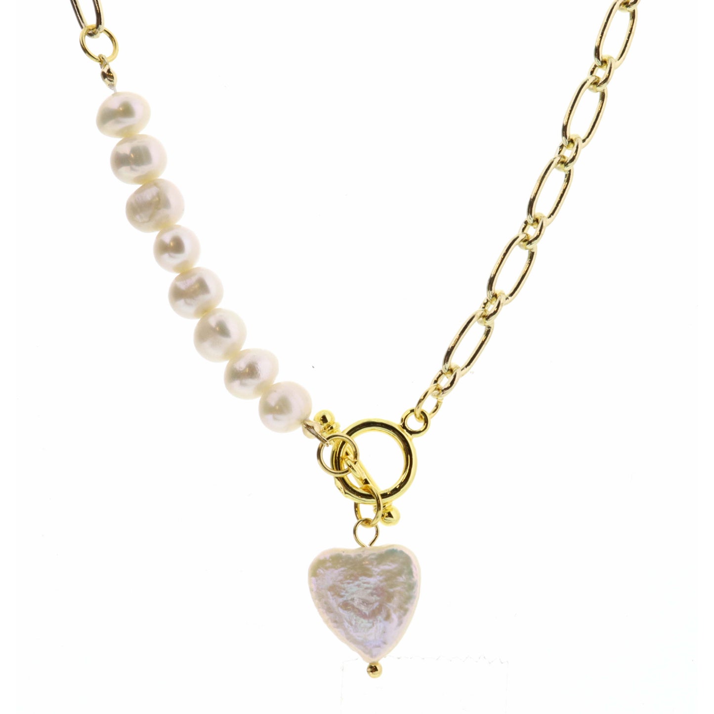 18" Pearl Heart with Toggle on Gold Chain with Faceted Pearl Necklace
