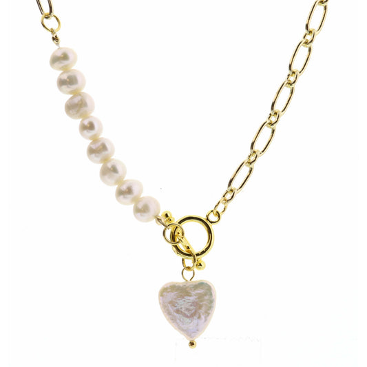 18" Pearl Heart with Toggle on Gold Chain with Faceted Pearl Necklace