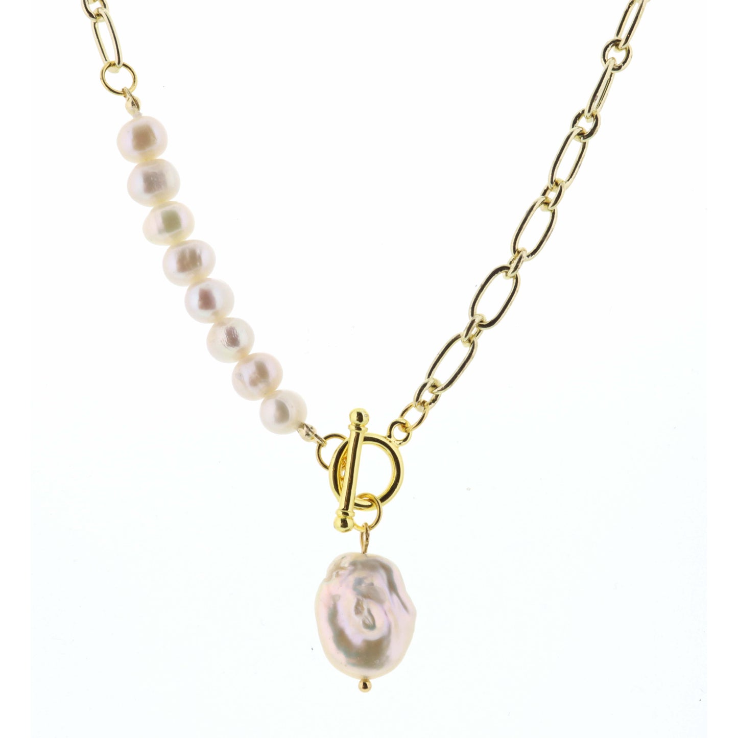 18" Pearl Baroque with Toggle on Gold Chain with Faceted Pearl Necklace