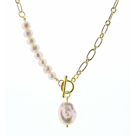 18" Pearl Baroque with Toggle on Gold Chain with Faceted Pearl Necklace