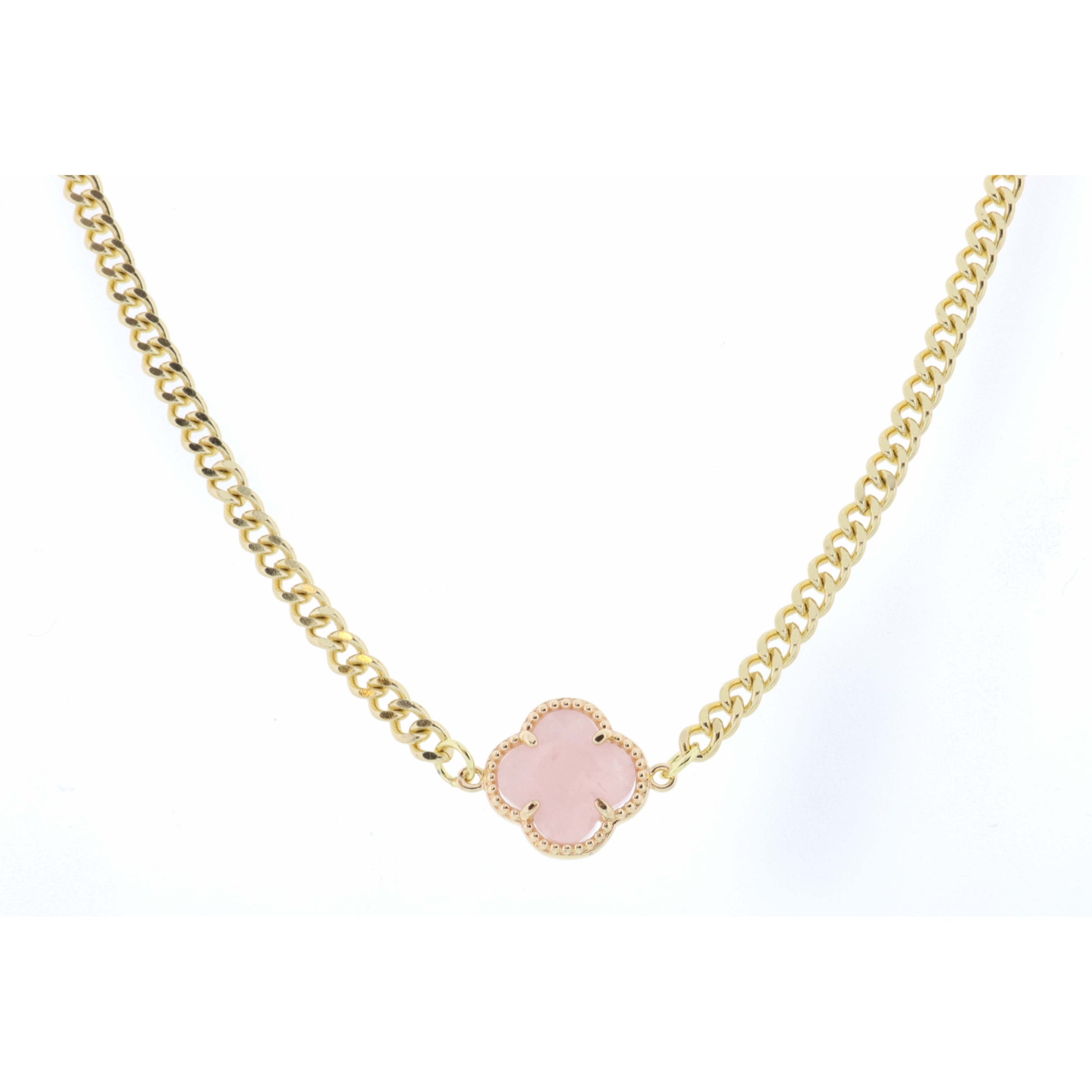 18" Roze Quartz Clover on Curb Chain Necklace