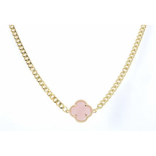 18" Roze Quartz Clover on Curb Chain Necklace