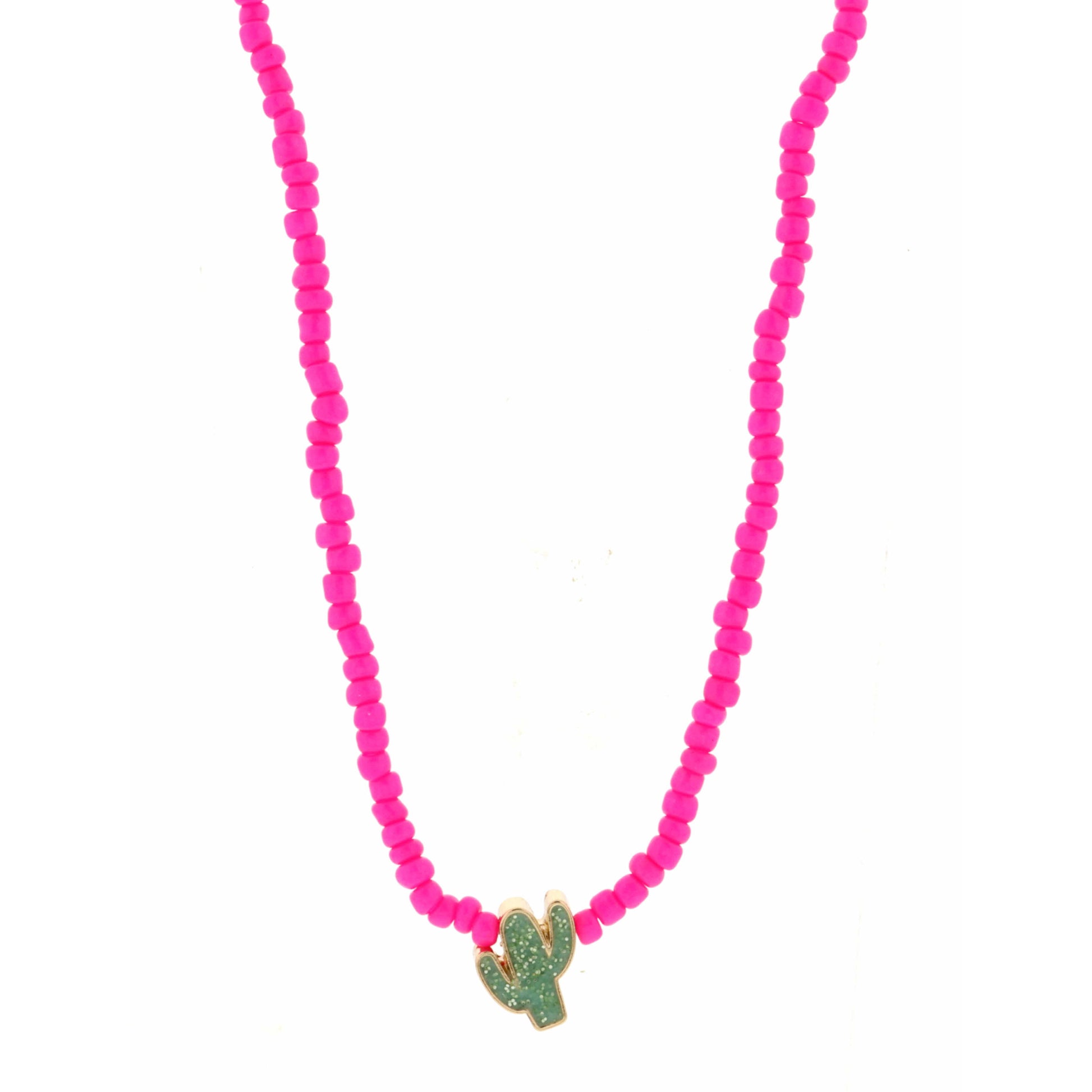 Kids 14" Hot Pink Seed Bead with Glitter Cactus Necklace, 3" Ext