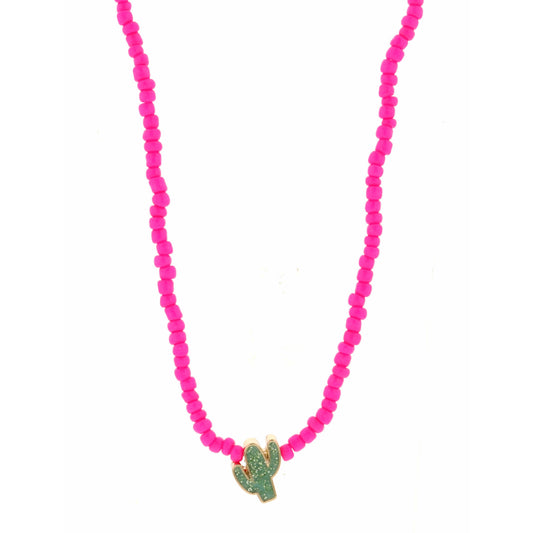 Kids 14" Hot Pink Seed Bead with Glitter Cactus Necklace, 3" Ext
