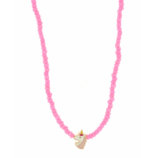 Kids 14" Pink Seed Bead with Unicorn Necklace, 3" Ext