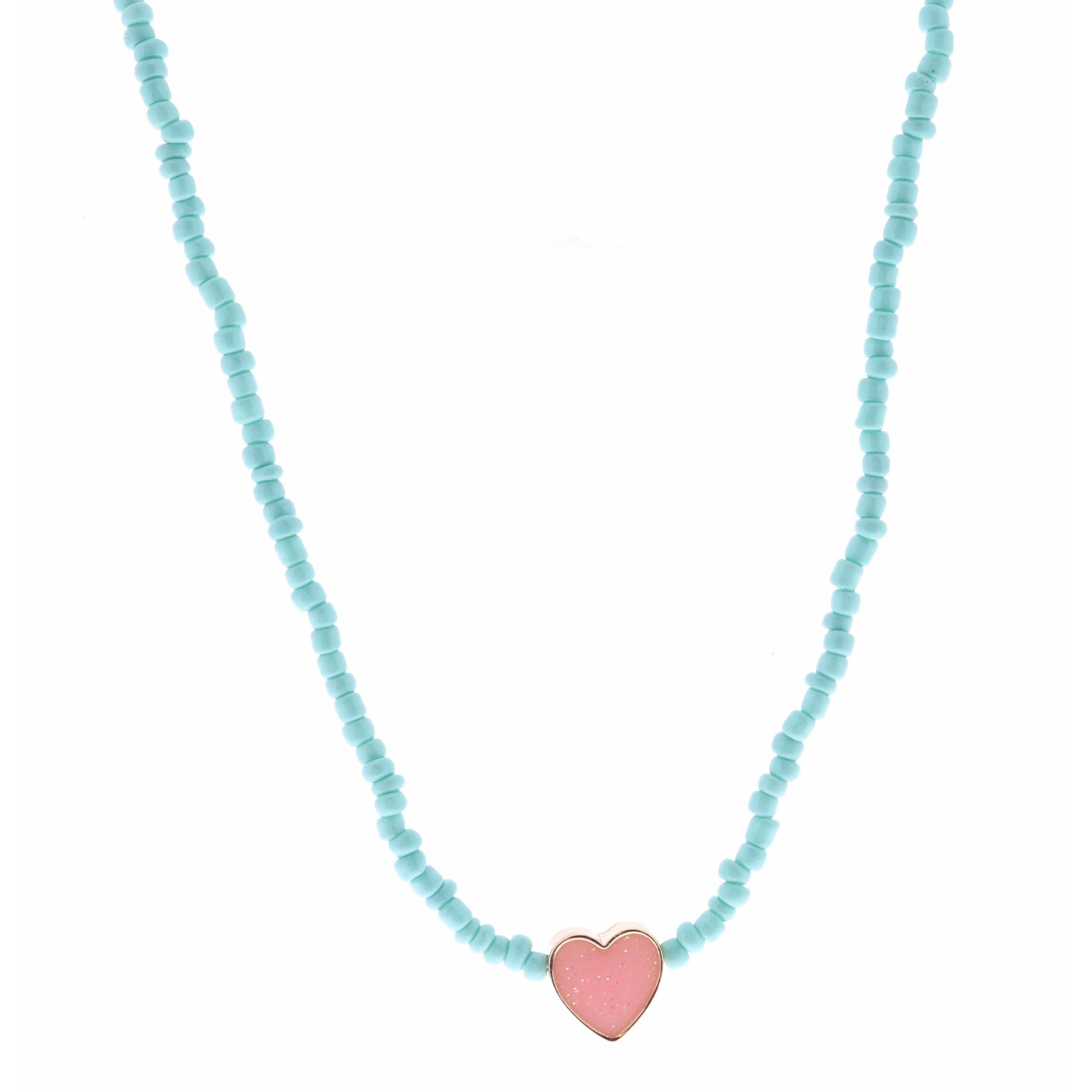 Kids 14" Mint Seed Bead with Heart Necklace, 3" Ext