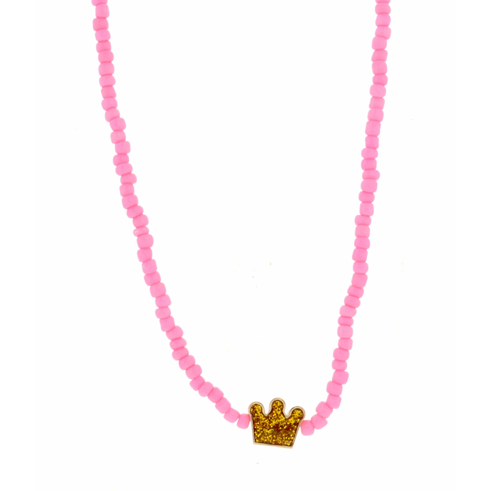 Kids 14" Pink Seed Bead with Glitter Crown Necklace, 3" Ext