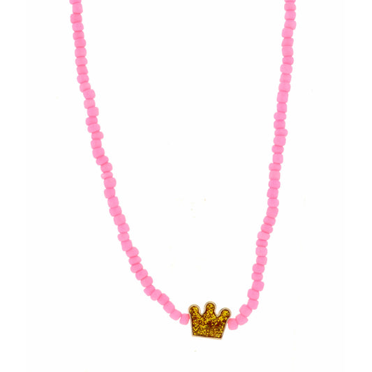 Kids 14" Pink Seed Bead with Glitter Crown Necklace, 3" Ext