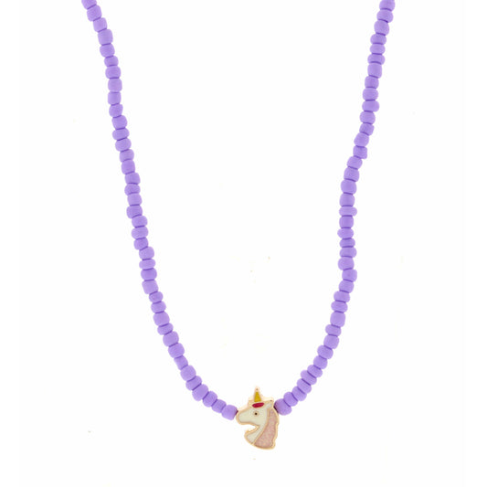 Kids 14" Purple Seed Bead with Unicorn Necklace, 3" Ext