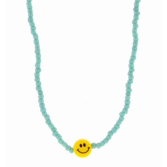Kids 14" Mint Seed Bead with Smiley Face Necklace, 3" Ext