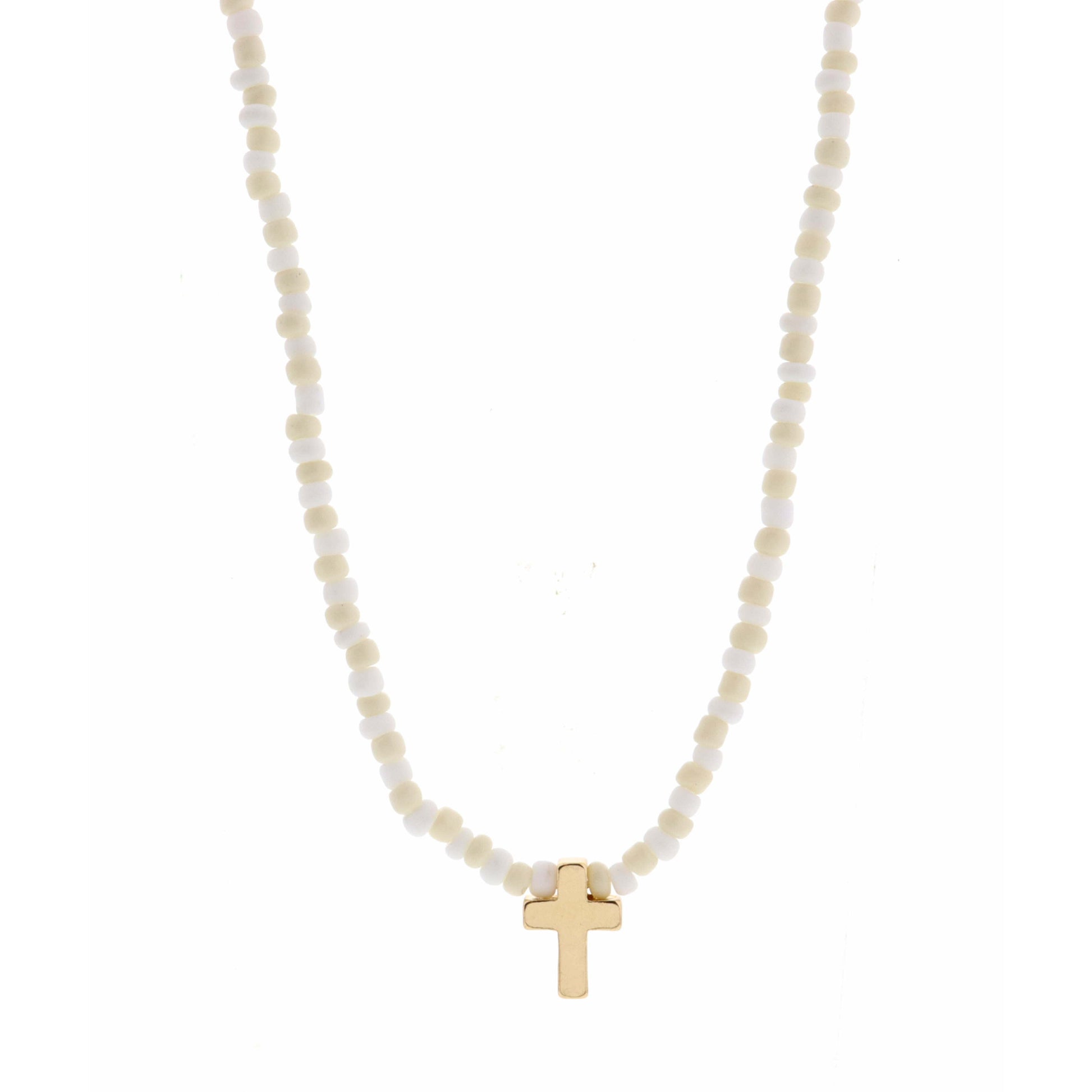 Kids 14" White Seed Bead with Cross Necklace, 3" Ext