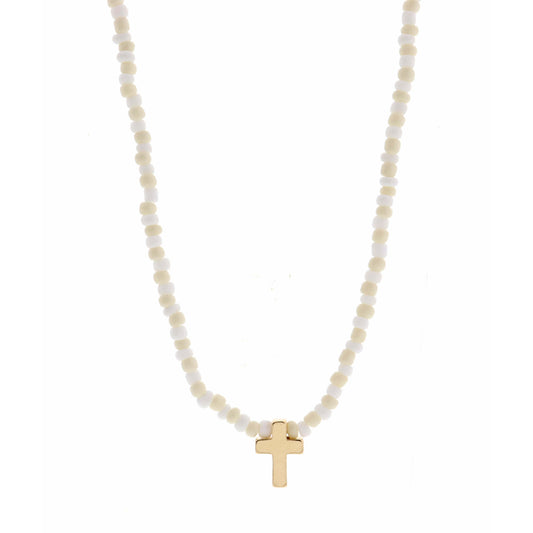 Kids 14" White Seed Bead with Cross Necklace, 3" Ext