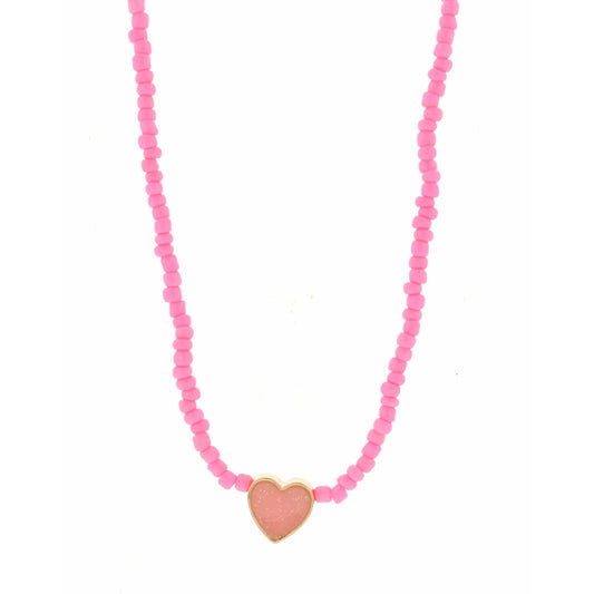 Kids 14" Pink Seed Bead with Pink Glitter Heart Necklace, 3" Ext