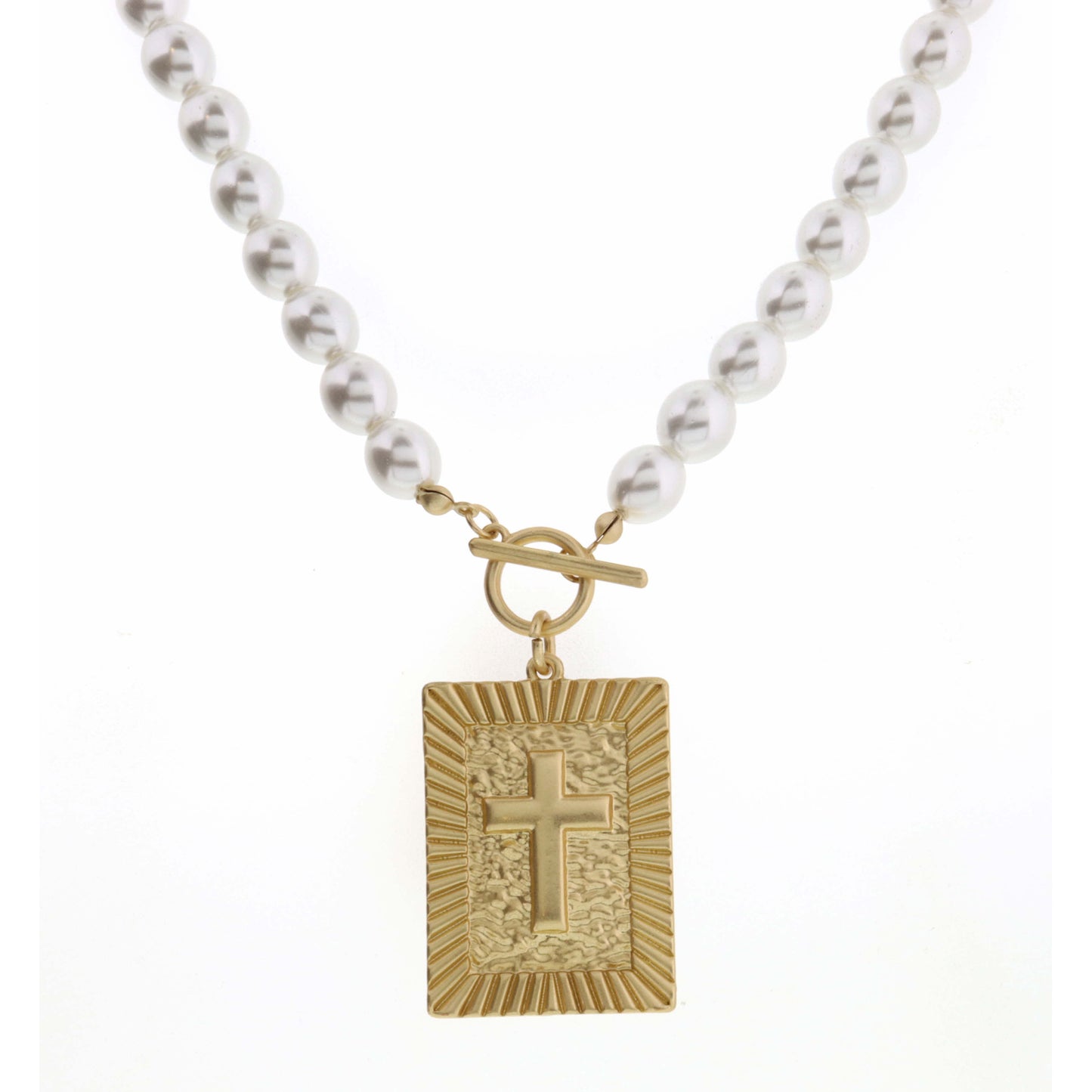 18" Raised Edge Rectangle with Cross on Pearl Necklace