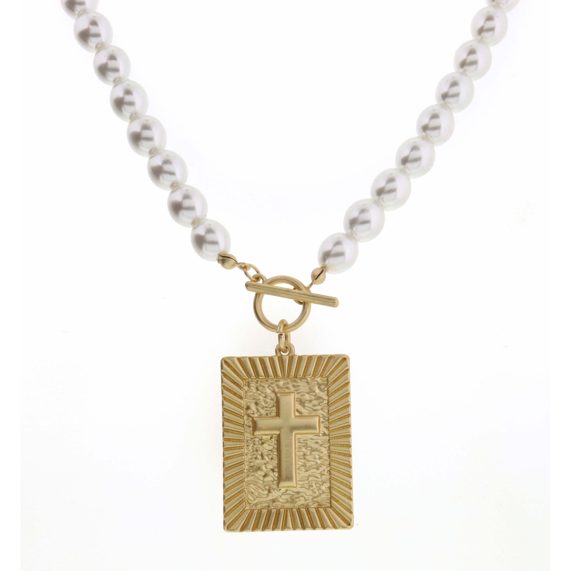 18" Raised Edge Rectangle with Cross on Pearl Necklace