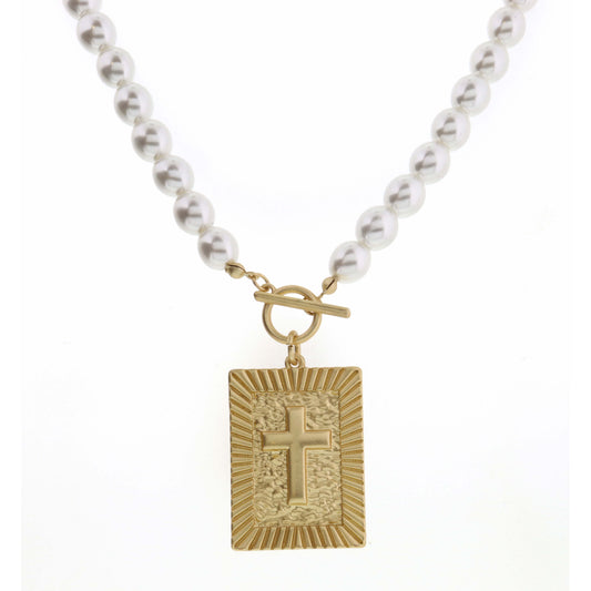 18" Raised Edge Rectangle with Cross on Pearl Necklace
