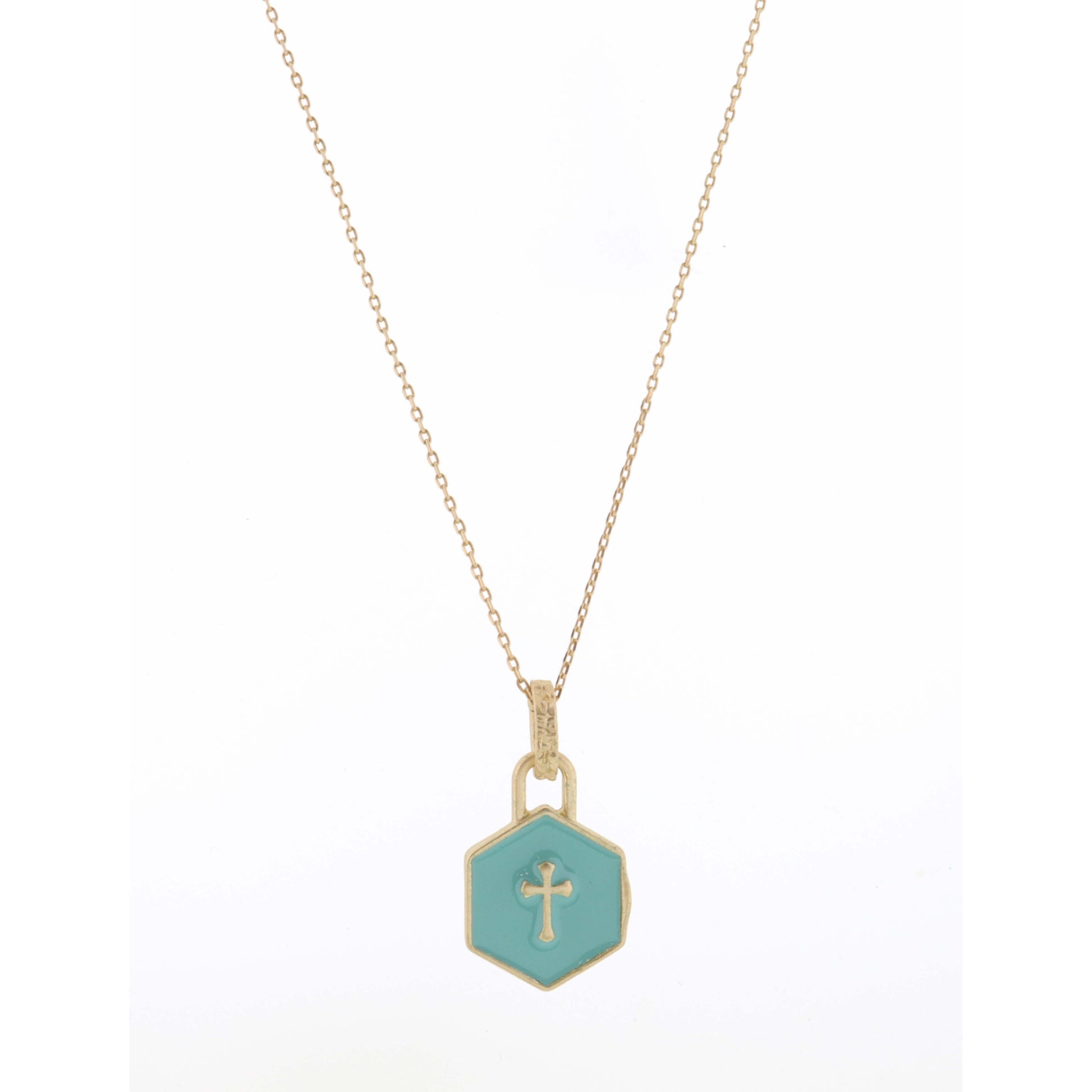 Kids 14" Mint Hexagon with Cross Center Necklace, 3" Ext
