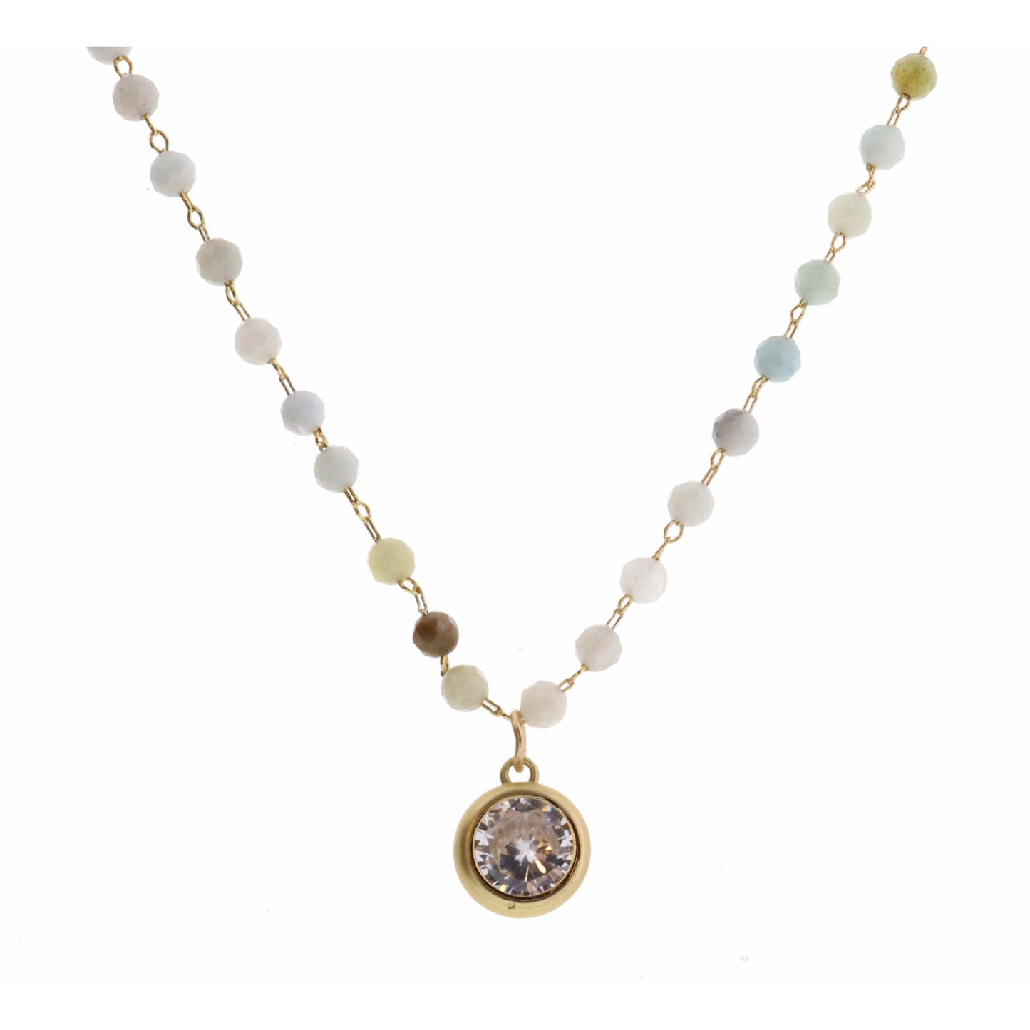 16" Faceted Amazonite Stone with Clear Encased Crystal Necklace