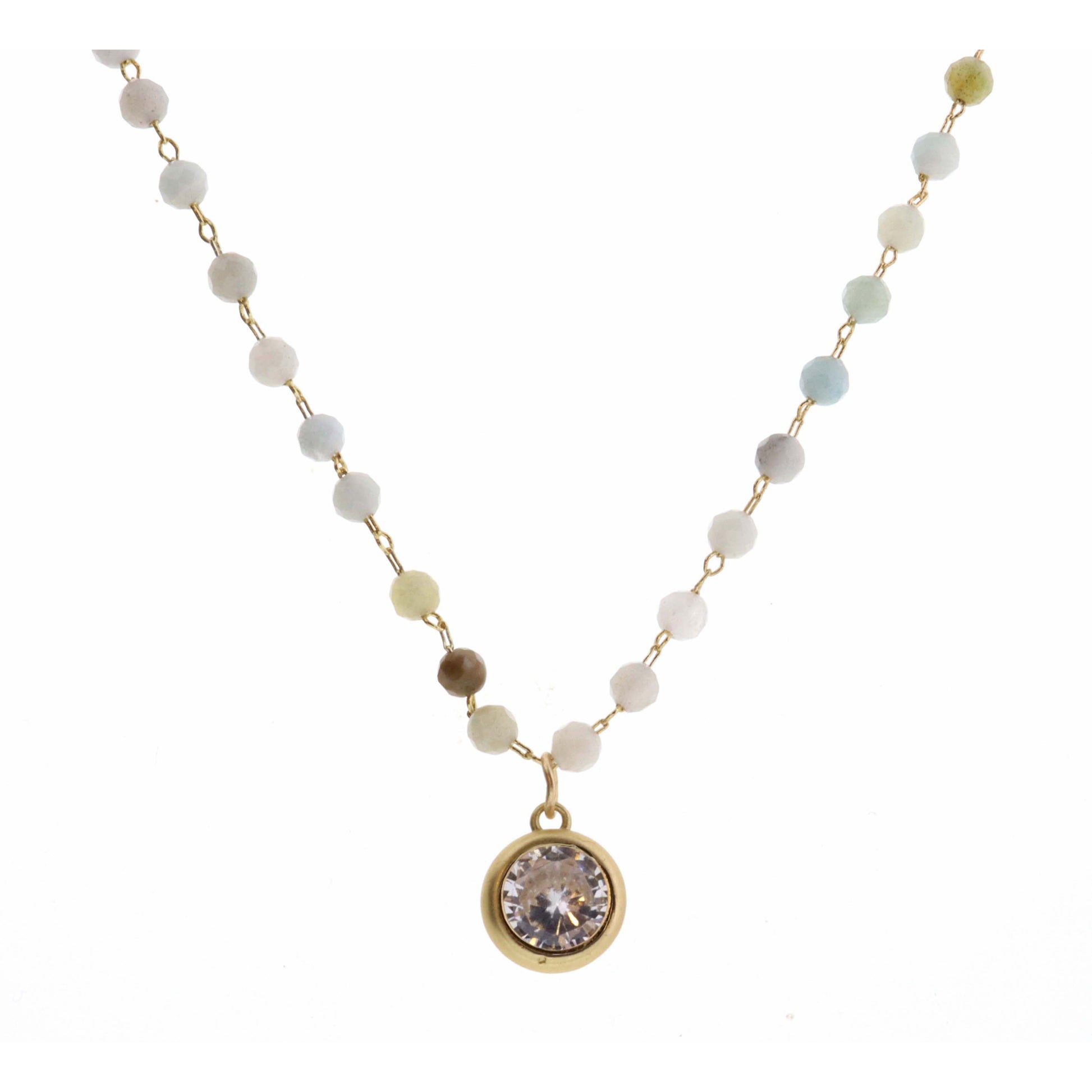 16" Faceted Amazonite Stone with Clear Encased Crystal Necklace