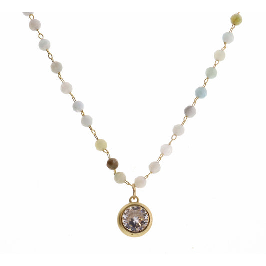 16" Faceted Amazonite Stone with Clear Encased Crystal Necklace
