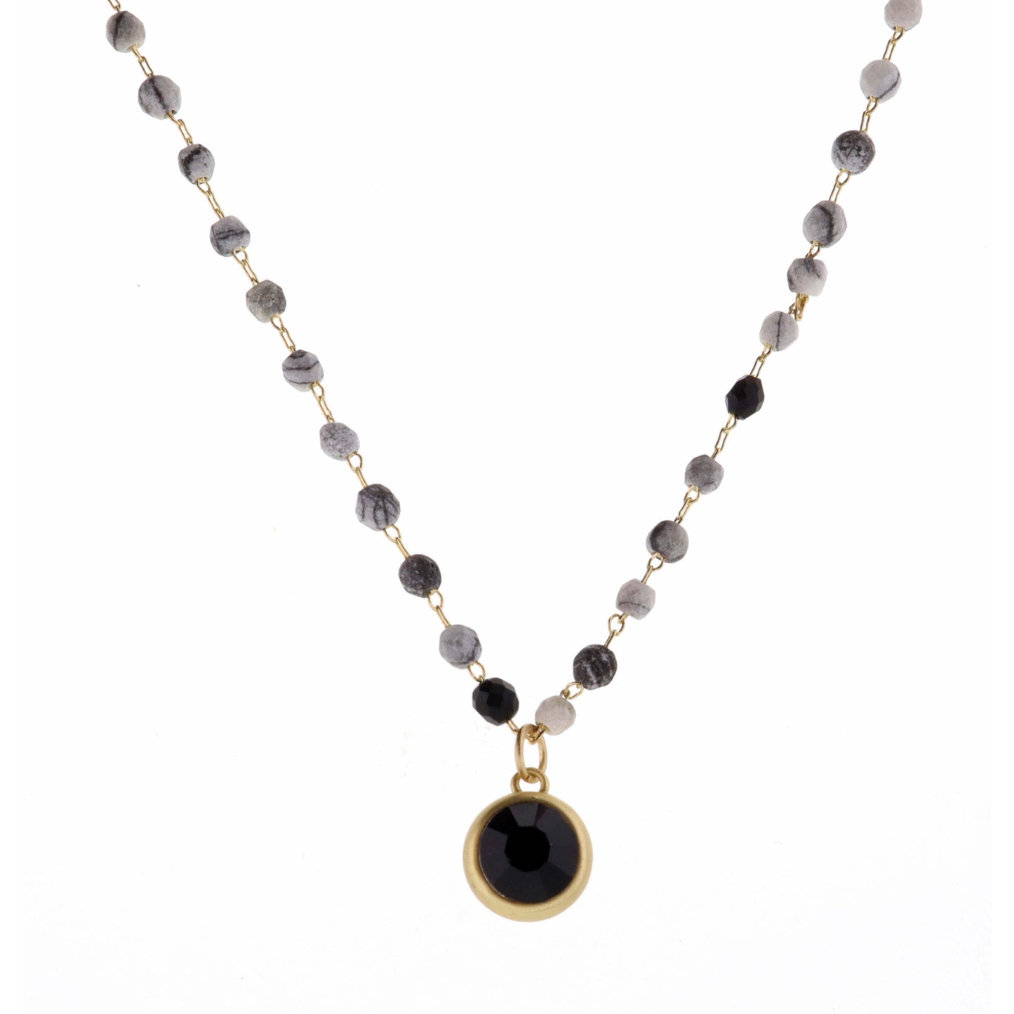16" Faceted Map Stone with Jet Encased Crystal Necklace