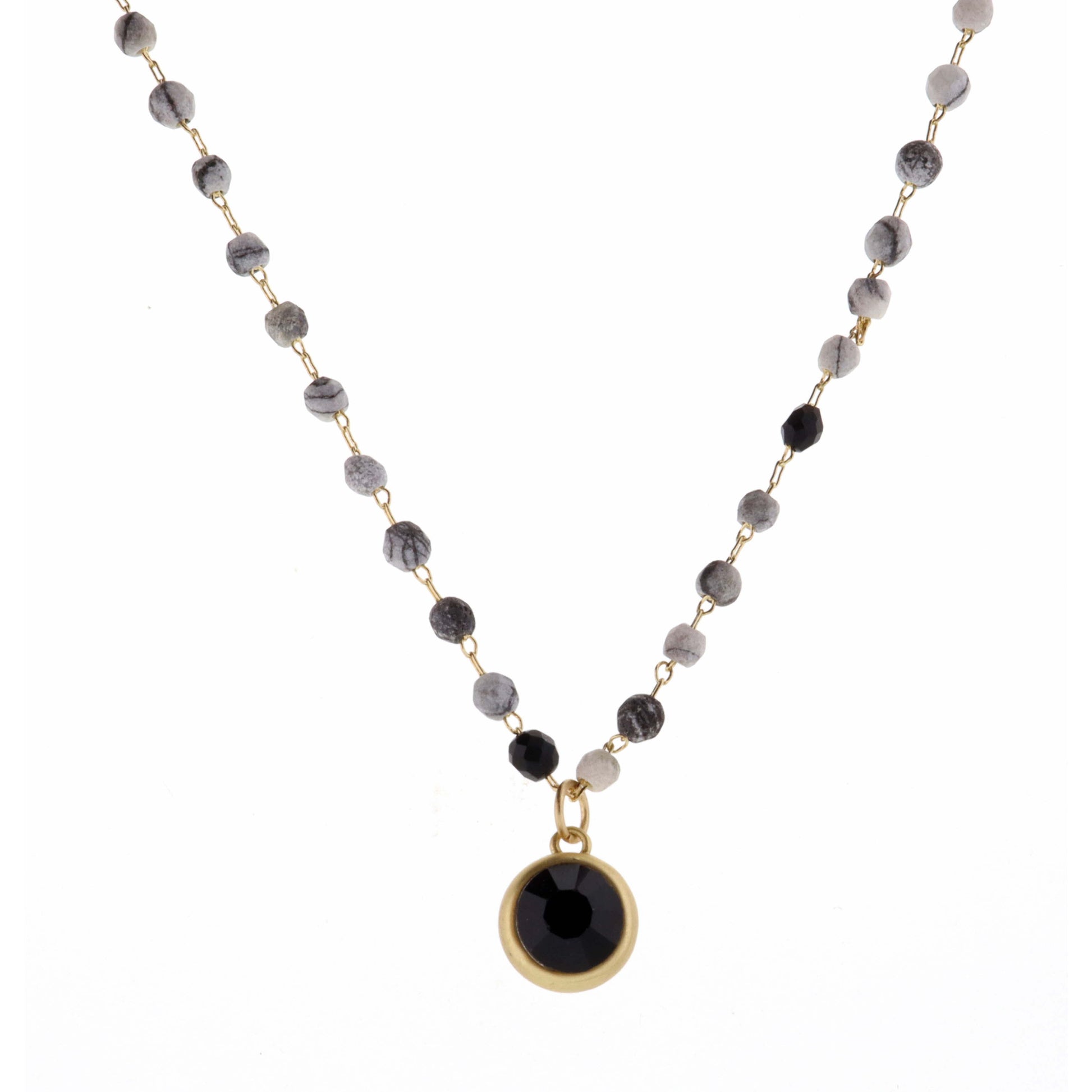 16" Faceted Map Stone with Jet Encased Crystal Necklace