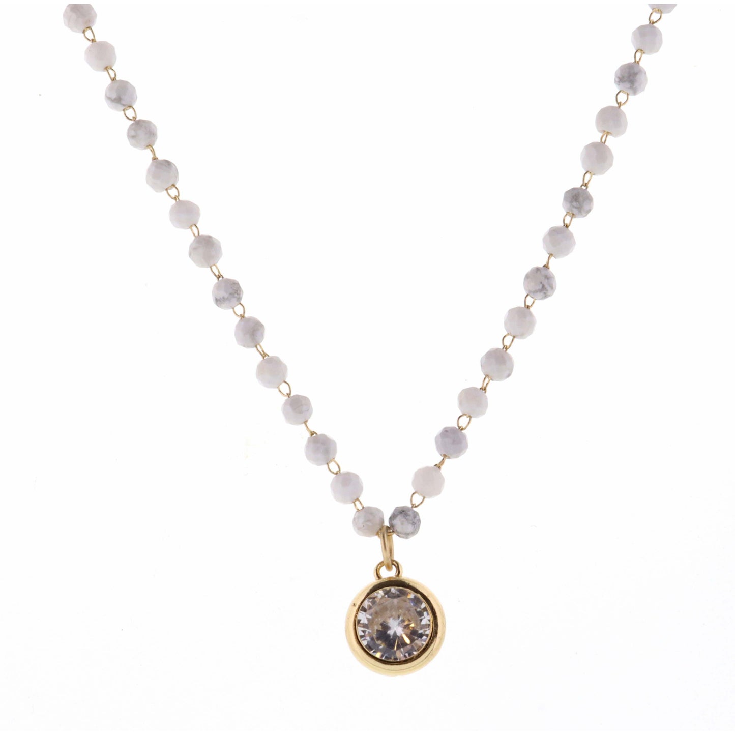 16" Faceted Howllite Stone with Clear Encased Crystal Necklace