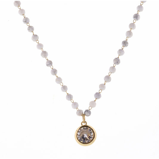 16" Faceted Howllite Stone with Clear Encased Crystal Necklace