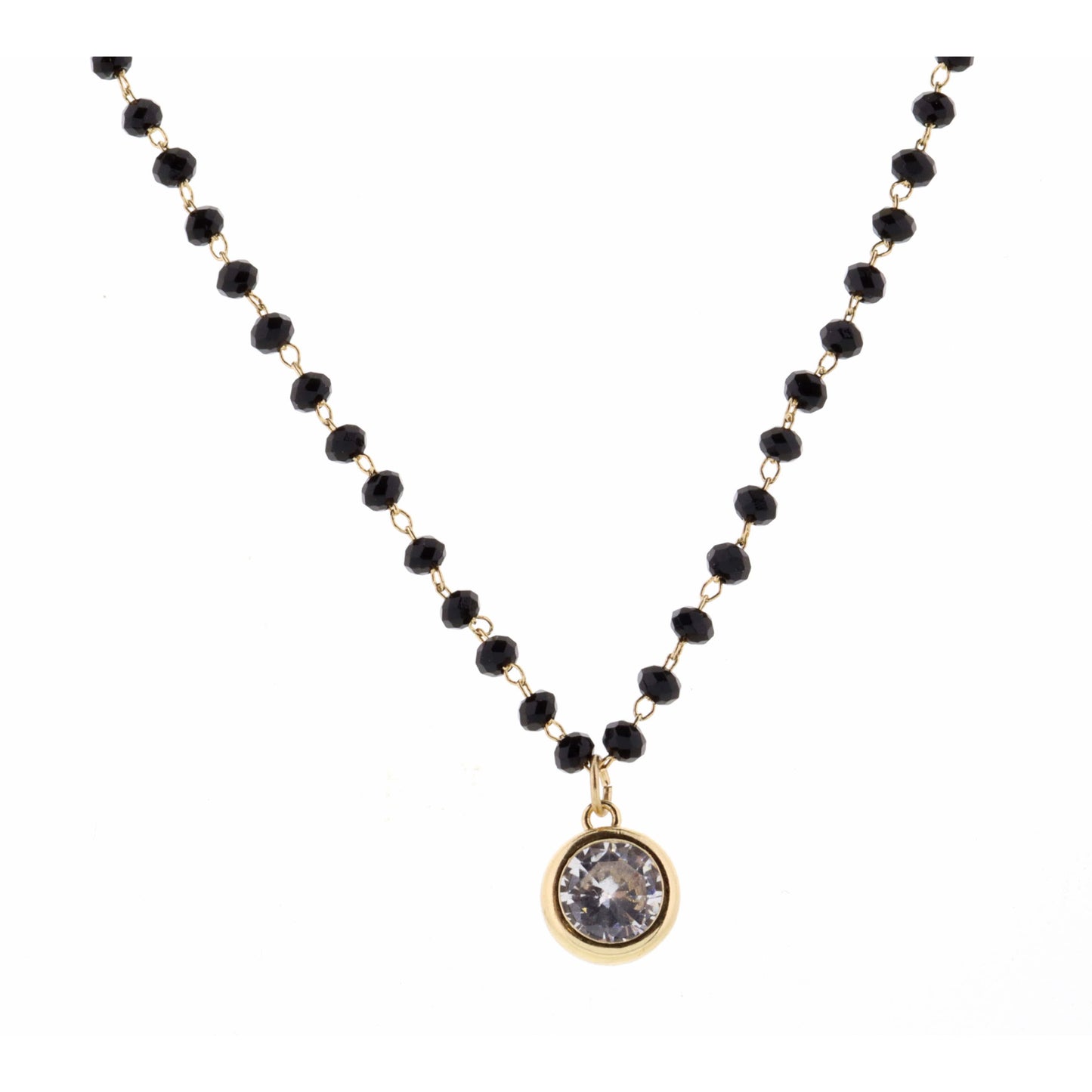 16" Faceted Jet Stone with Clear Encased Crystal Necklace