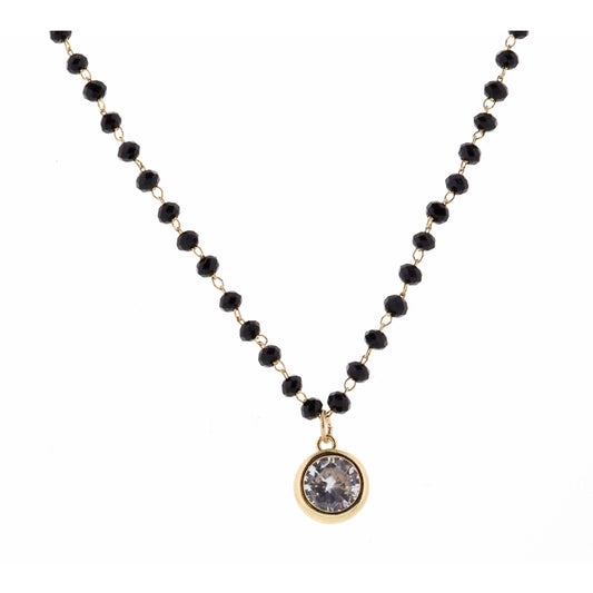 16" Faceted Jet Stone with Clear Encased Crystal Necklace