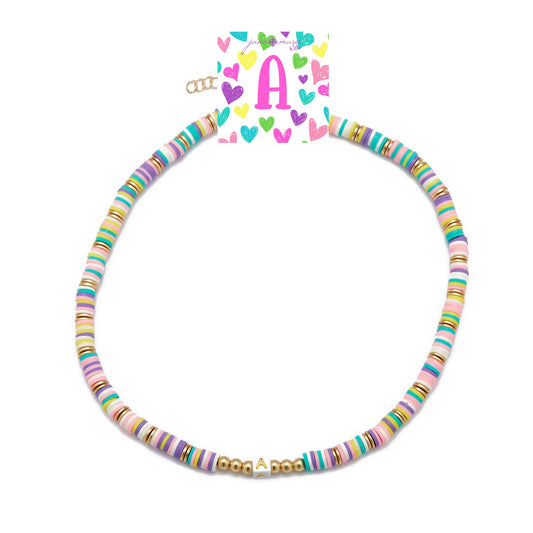 Kids 16" Multi Rubber Disk Beaded with White Block "A" Initial Kids Necklace, 3" Ext