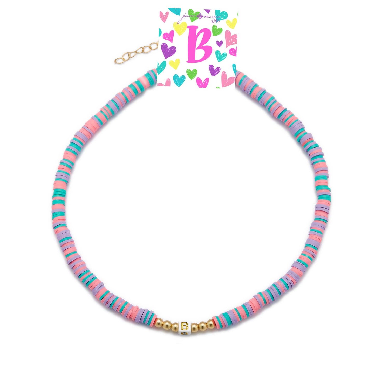 Kids 16" Multi Rubber Disk Beaded with White Block "B" Initial Kids Necklace, 3" Ext