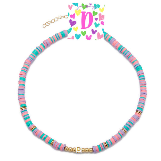 Kids 16" Multi Rubber Disk Beaded with White Block "D" Initial Kids Necklace, 3" Ext
