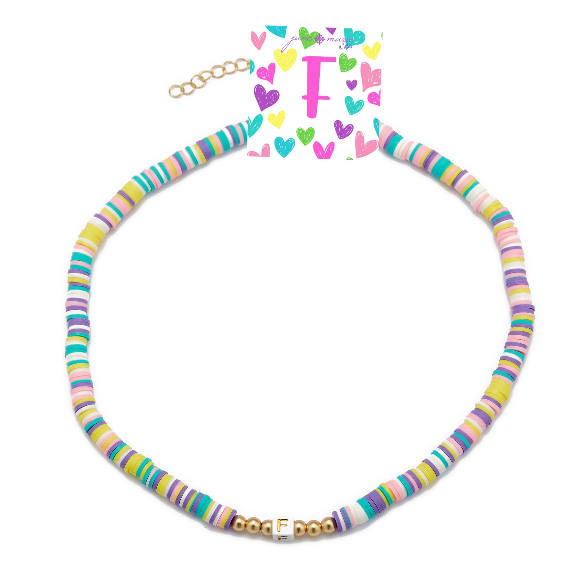 Kids 16" Multi Rubber Disk Beaded with White Block "F" Initial Kids Necklace, 3" Ext