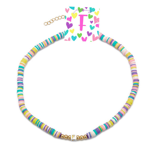 Kids 16" Multi Rubber Disk Beaded with White Block "F" Initial Kids Necklace, 3" Ext