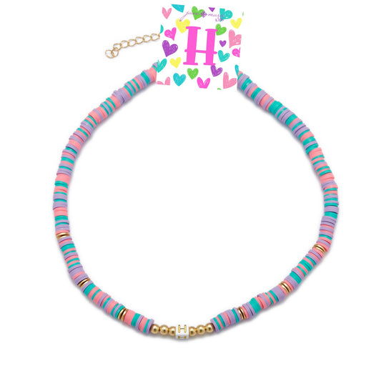 Kids 16" Multi Rubber Disk Beaded with White Block "H" Initial Kids Necklace, 3" Ext