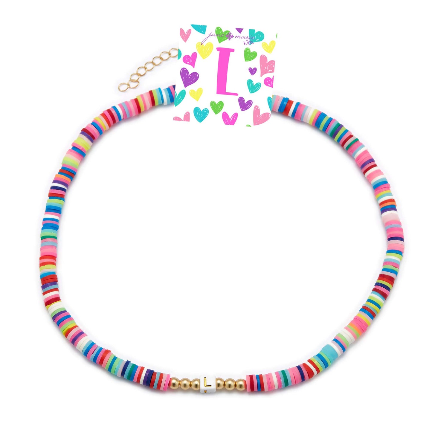 Kids 16" Multi Rubber Disk Beaded with White Block "L" Initial Kids Necklace, 3" Ext