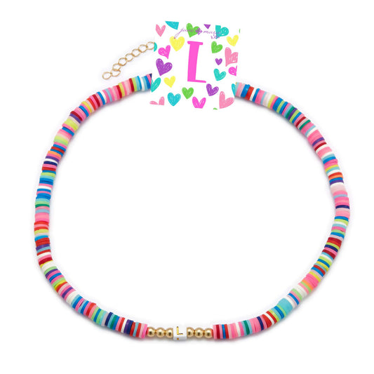Kids 16" Multi Rubber Disk Beaded with White Block "L" Initial Kids Necklace, 3" Ext