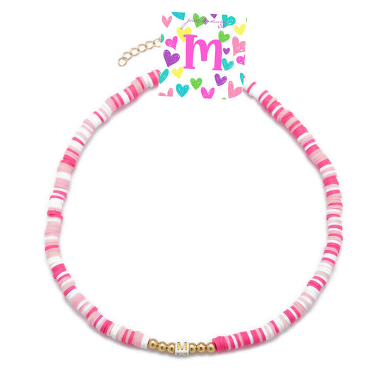 Kids 16" Multi Rubber Disk Beaded with White Block "M" Initial Kids Necklace, 3" Ext