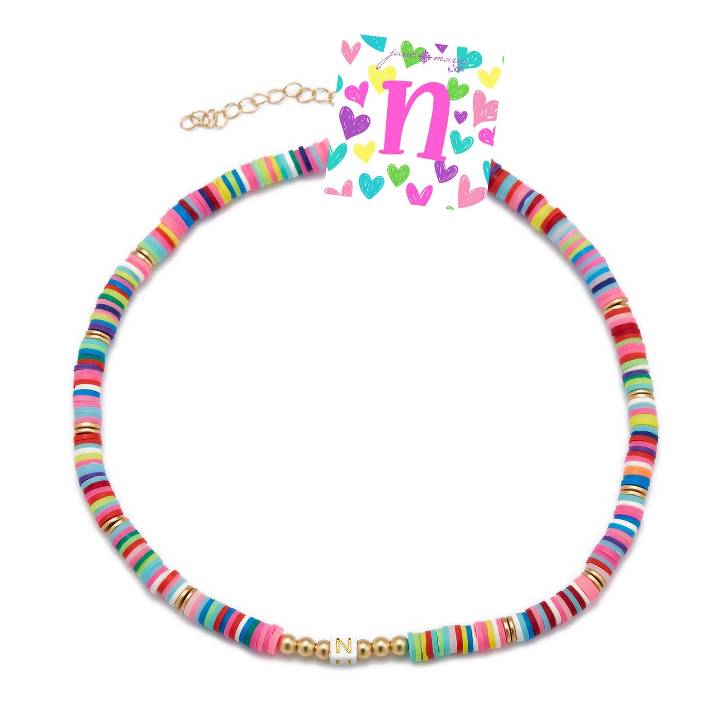 Kids 16" Multi Rubber Disk Beaded with White Block "N" Initial Kids Necklace, 3" Ext