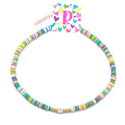 Kids 16" Multi Rubber Disk Beaded with White Block "R" Initial Kids Necklace, 3" Ext