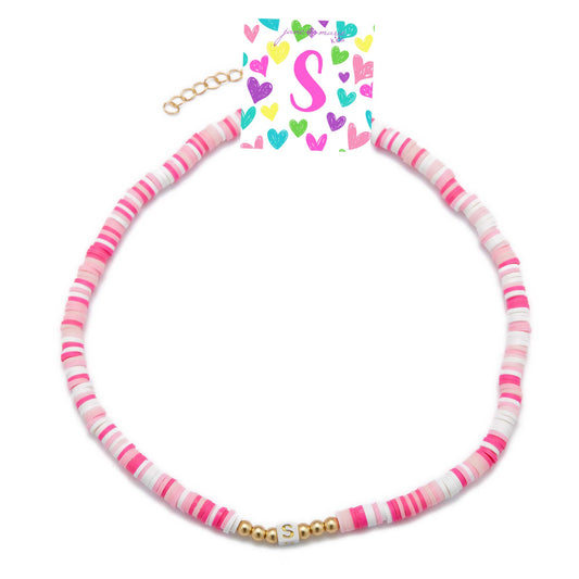 Kids 16" Multi Rubber Disk Beaded with White Block "S" Initial Kids Necklace, 3" Ext