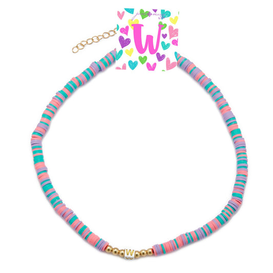 Kids 16" Multi Rubber Disk Beaded with White Block "W" Initial Kids Necklace, 3" Ext