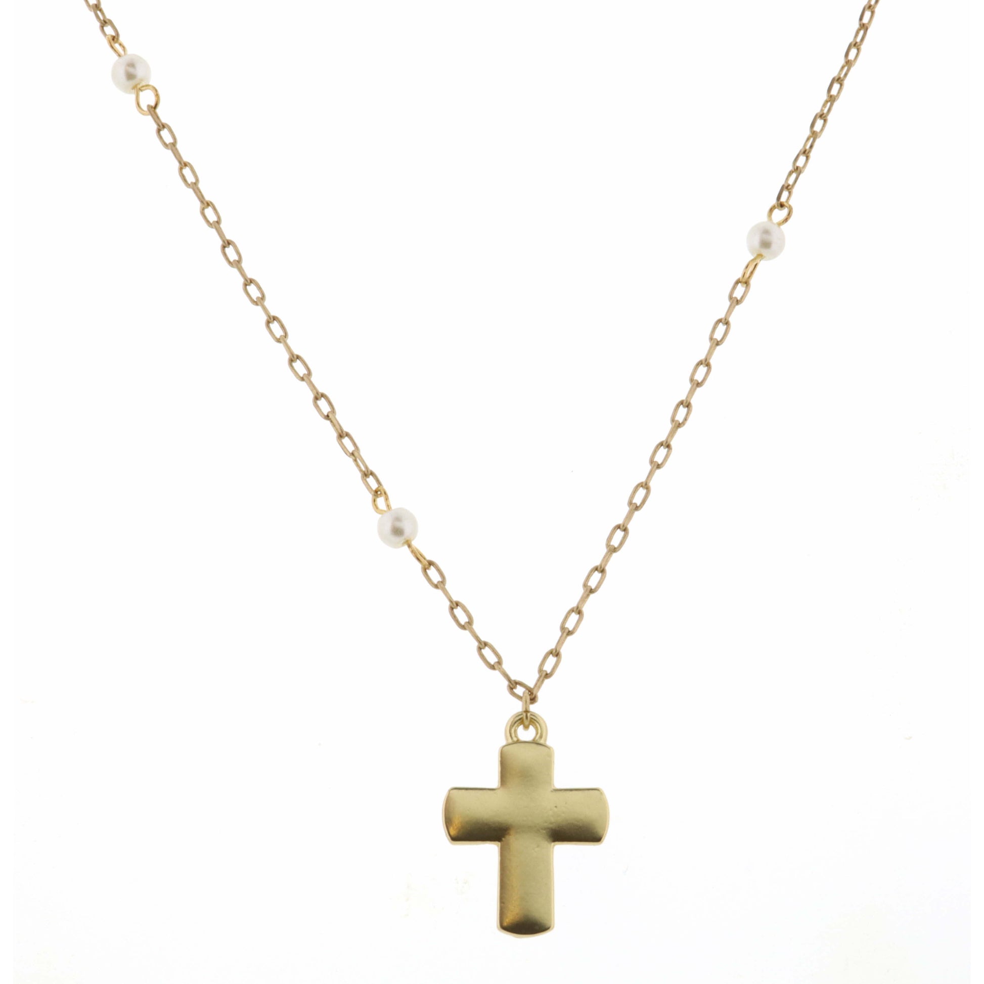 Kids 14" Pearl Station Chain with Gold Cross Necklace, 3" Ext