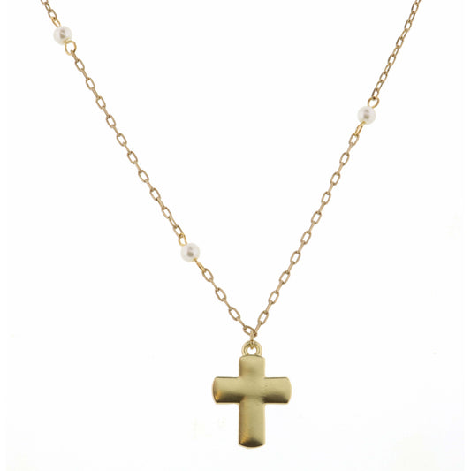 Kids 14" Pearl Station Chain with Gold Cross Necklace, 3" Ext