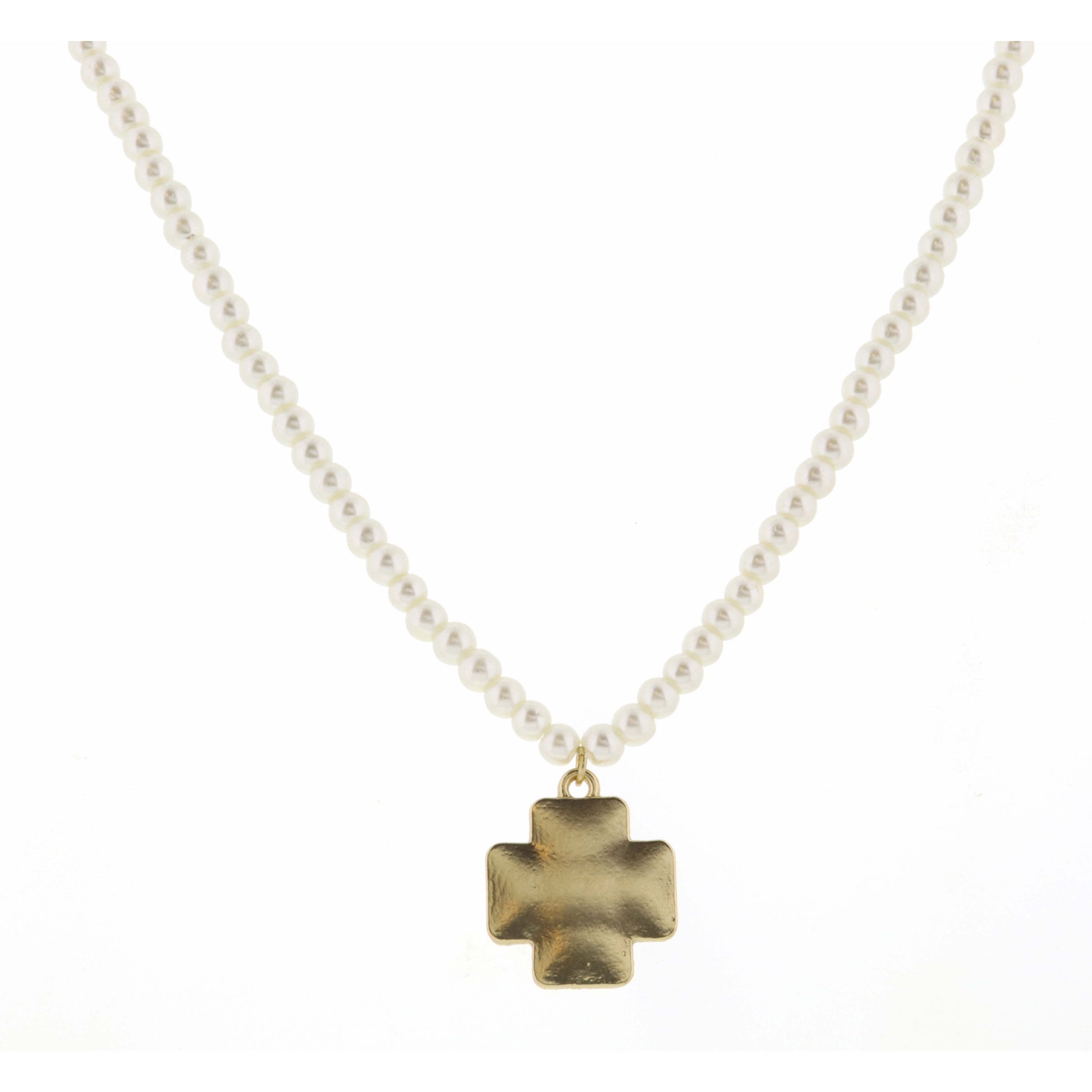 Kids 14" Pearl Body with Gold Square Cross Necklace, 3" Ext