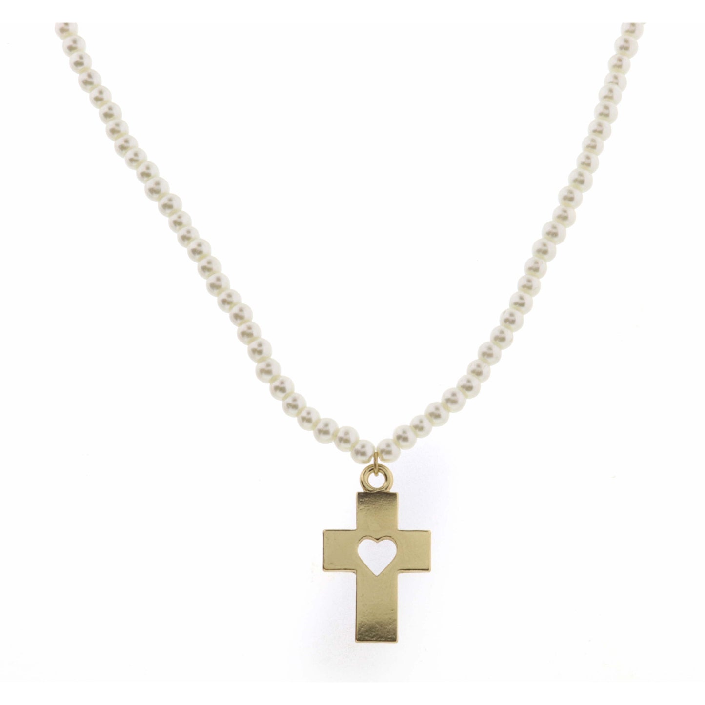 Kids 14" Pearl Body with Cutout Heart Center Cross Necklace, 3" Ext