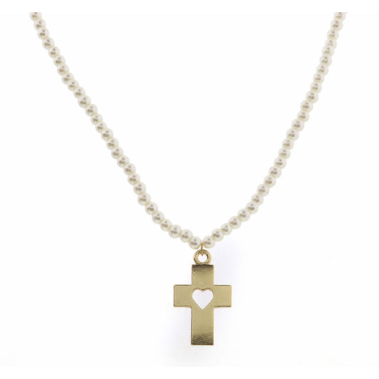 Kids 14" Pearl Body with Cutout Heart Center Cross Necklace, 3" Ext